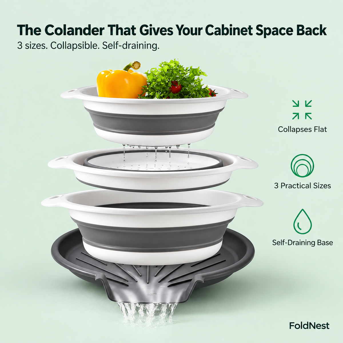 FoldNest™ FlexDrain — 3-Piece Collapsible Colander Set with Self-Draining Base