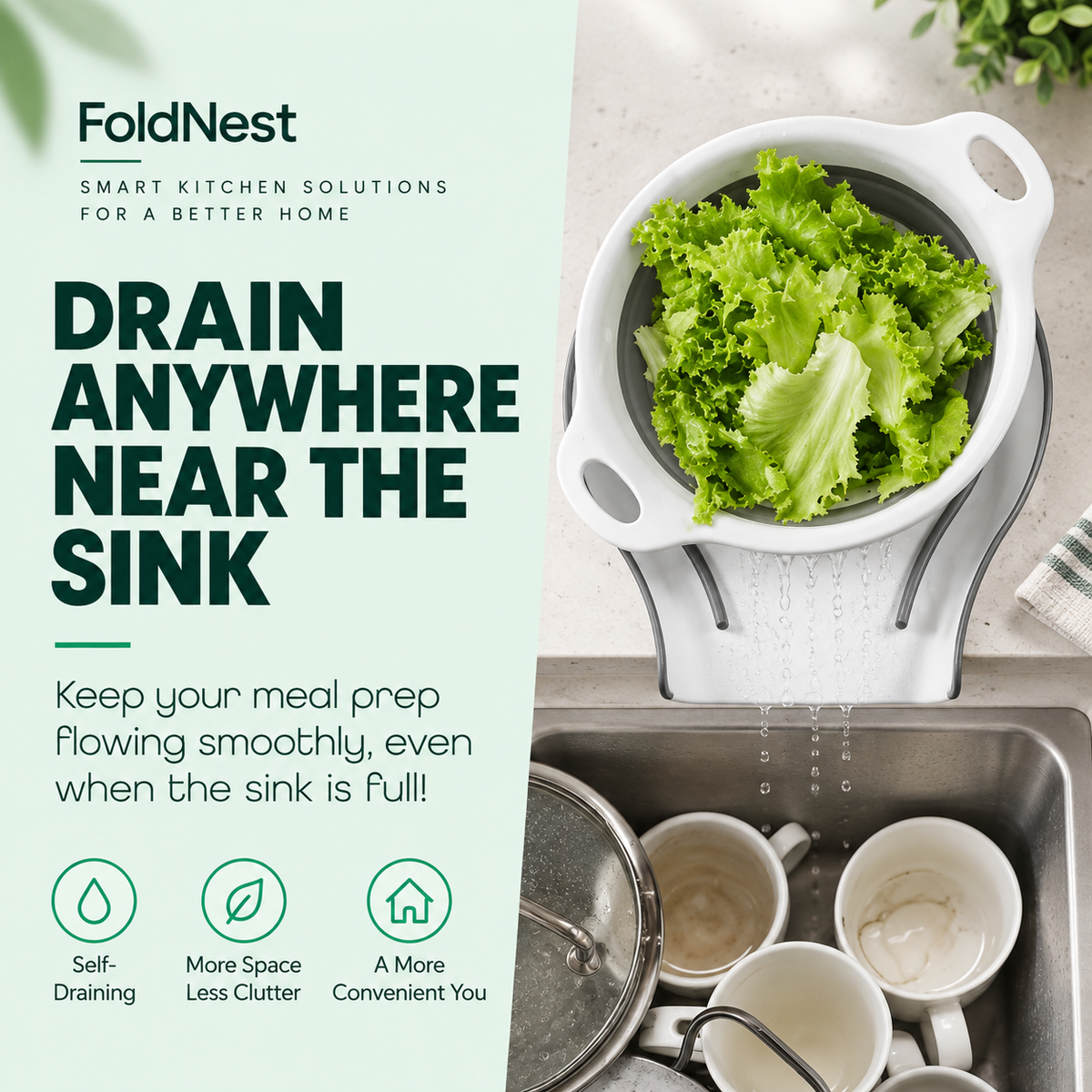 FoldNest™ FlexDrain — 3-Piece Collapsible Colander Set with Self-Draining Base