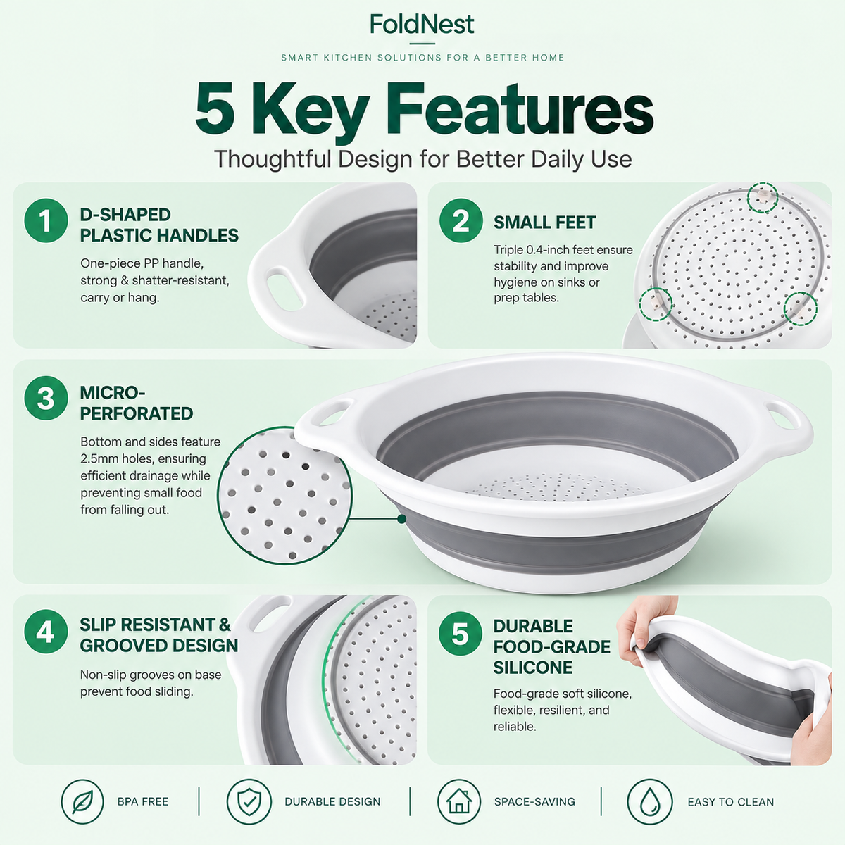 FoldNest™ FlexDrain — 3-Piece Collapsible Colander Set with Self-Draining Base